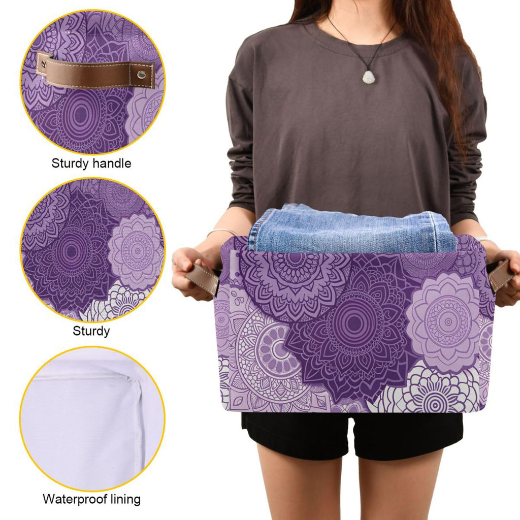 Large Storage Basket Bin Purple Mandala Boho Storage Cube Box Foldable Canvas Fabric Collapsible Organizer with
