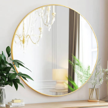 Gold Round Mirror, 24 inch Circle Mirror, Brushed Gold Metal Frame