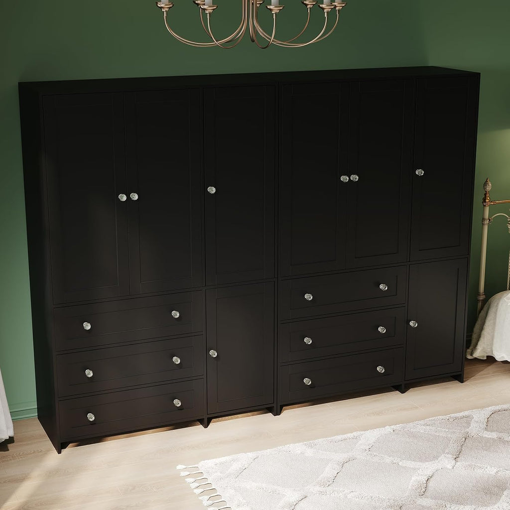 71" Armoire Wardrobe Closet with 3 Drawers and Mirror | Clothing Storage Cabinet with Hanging Rod, 4 Doors Wooden