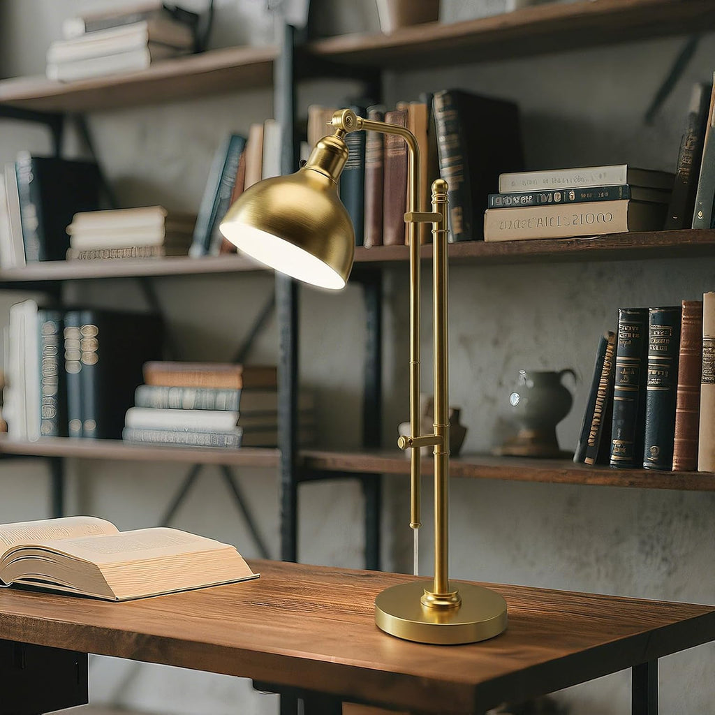 Industrial Adjustable Desk Lamp, Farmhouse Table lamp 29''-38'', Rustic Metal Task Desk Lamp in Brushed Gold Finish