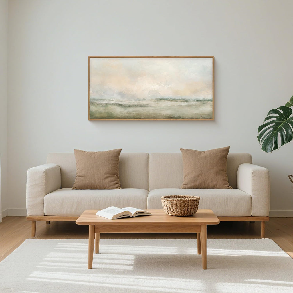 Abstract Natural Landscape Framed Canvas Wall Art Set, Watercolor Tan Green Beige Wall Decor, Minimalist Neutral