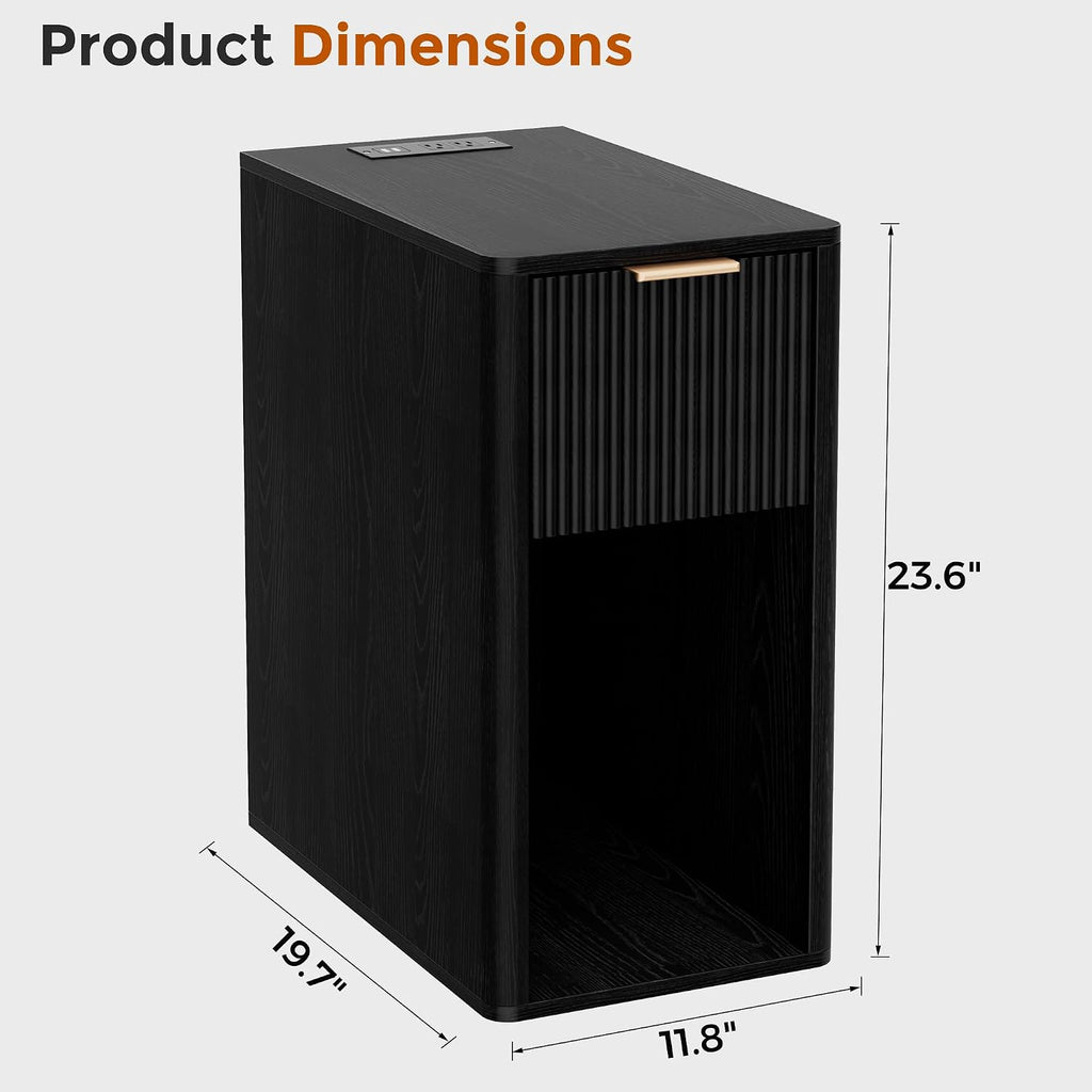 Narrow End Table with Fluted Drawer and Charging Station, Small Nightstand with USB Ports & Outlets, Bedside Table