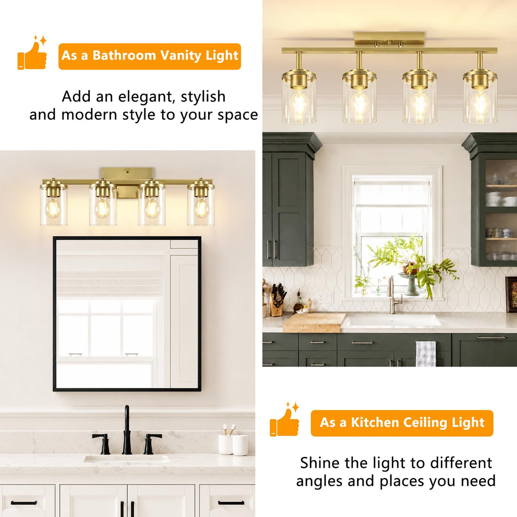 Kitchen Track Lighting Fixtures Ceiling, Gold Semi Flush Mount Ceiling Light with Clear Glass