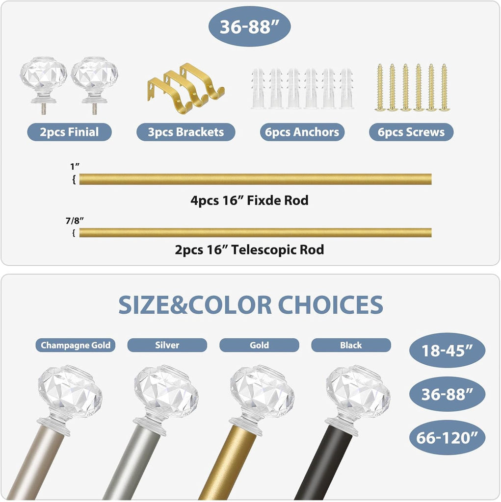 Gold Decorative Crystal Curtain Rods: Heavy Duty Adjustable Window Curtain Rods for Bedroom Living Room