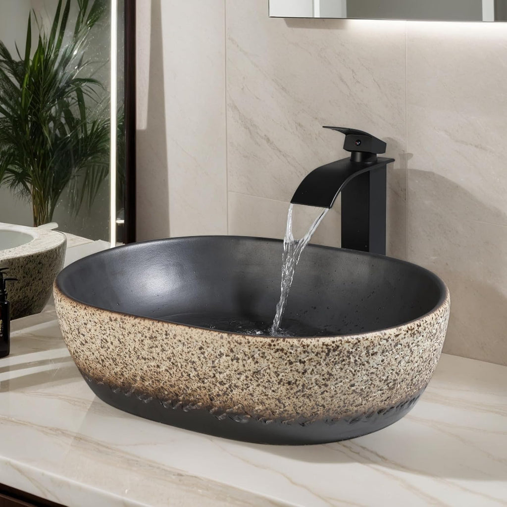 19 Inch Stone Bathroom Sink Basin with Waterfall Faucet and Pop-up Drain Combo,Tan Travertine Vessel Sink Above