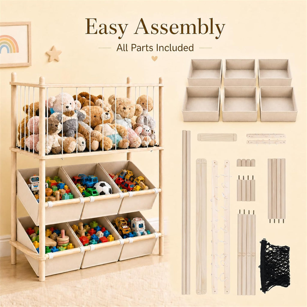 2-in-1 Stuffed Animal Storage & Toy Organizer for Kids Rooms, 6 Bins | Wooden stuffed animal and toy organizer with