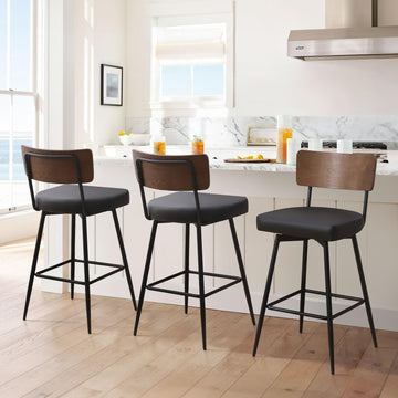 Swivel Bar Stools Set of 3, Upholstered Faux Leather Barstools with Wood Backs and Metal Legs, 29" Seat Height