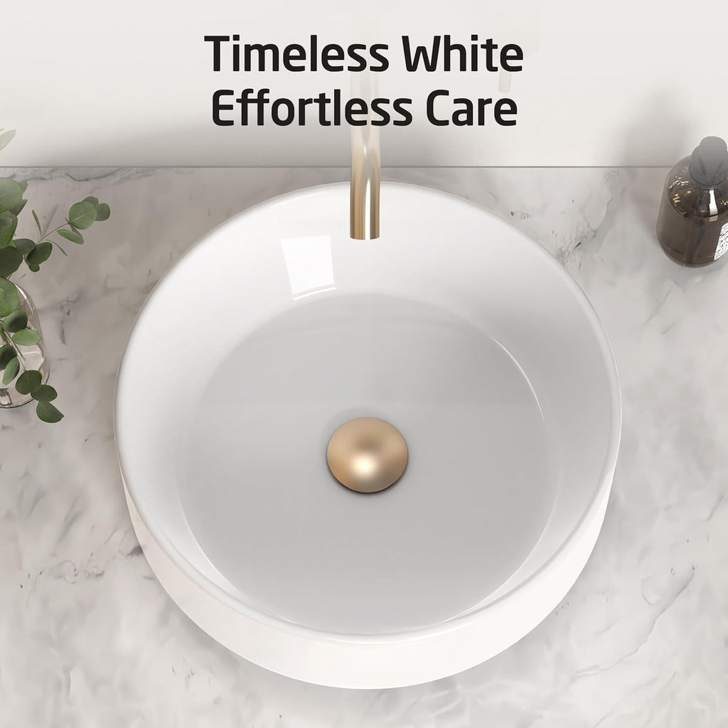 KES Round Vessel Sink, Bowl Sinks for Bathrooms 16 Inch Sink Bowl Above Counter Small Circular White Ceramic Vessel