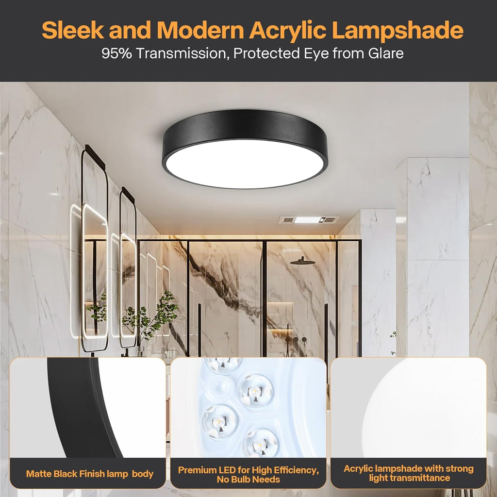 Matte Black Flush Mount Ceiling Light, 3000-5000K 13inch Modern Bedroom Lighting Fixtures Ceiling Mount, Dimmable
