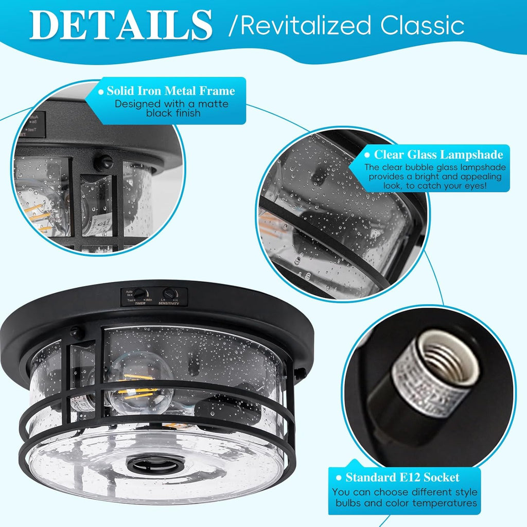 Outdoor Ceiling Light with Motion Sensor Flush Mount Round Porch Light