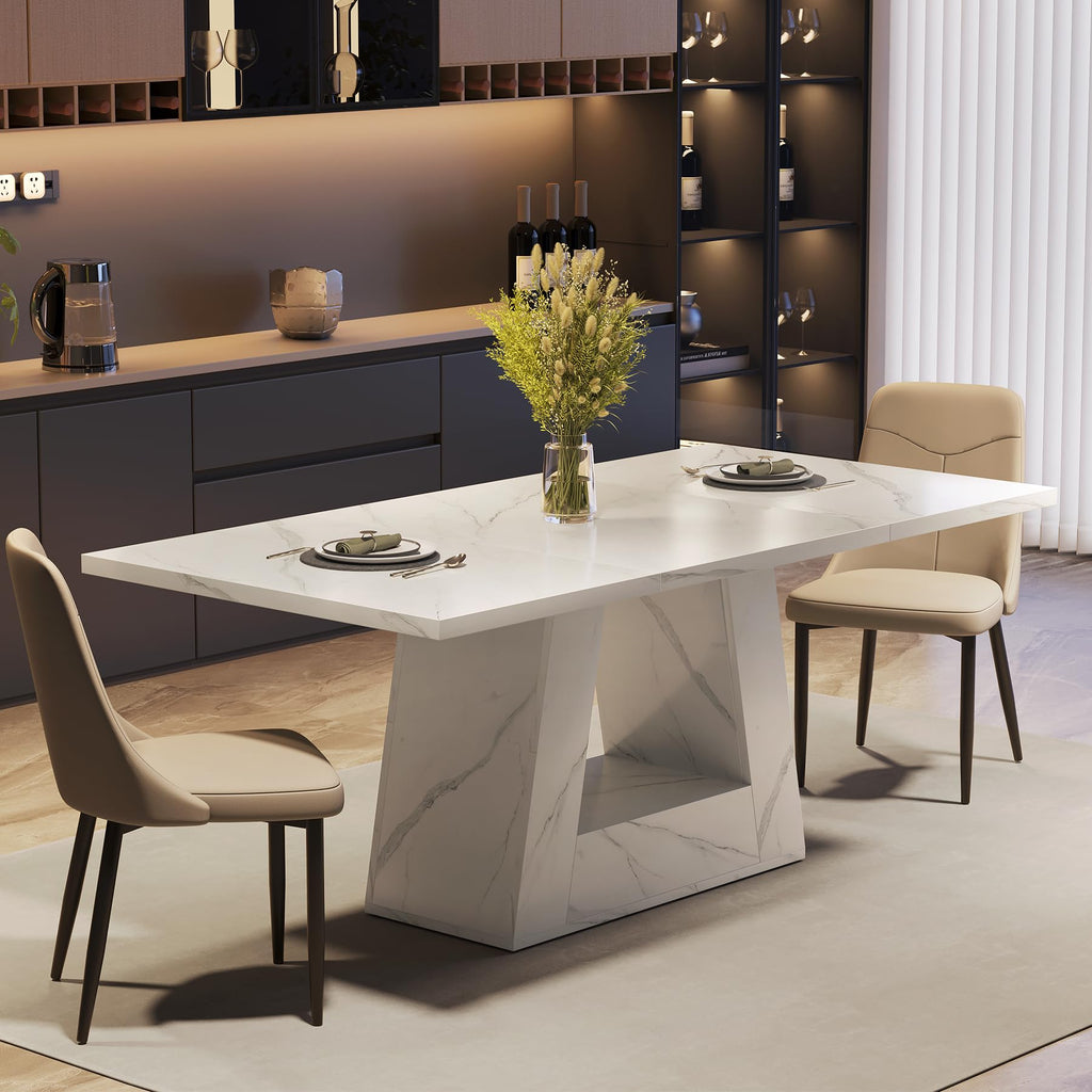 63" Modern Faux Marble Dining Table for 6, Rectangle, White