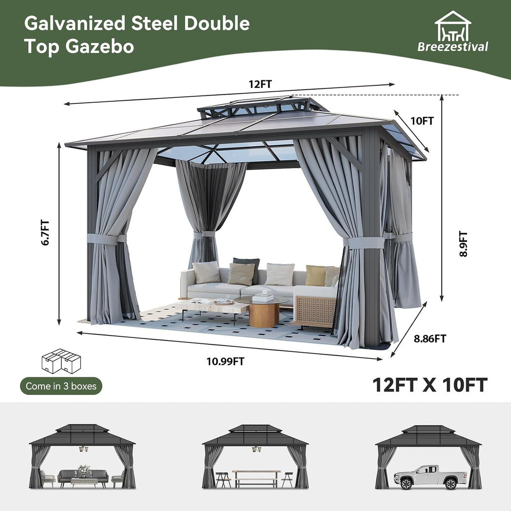 10'x12' Hardtop Gazebo Outdoor Permanent Gazebo with Double Polycarbonate Roof Canopy