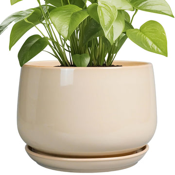 Ceramic Plant Pots - 9 Inch Round Planter, Ceramic Flower Pots with Drainage and Saucer, Modern Indoor Outdoor