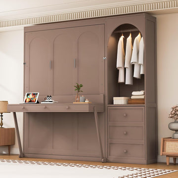 Queen Vertical Murphy Bed with Built-in Led Lighting Wardrobe & Clothes Rod On Side,Drawers & Folding Down Desk with