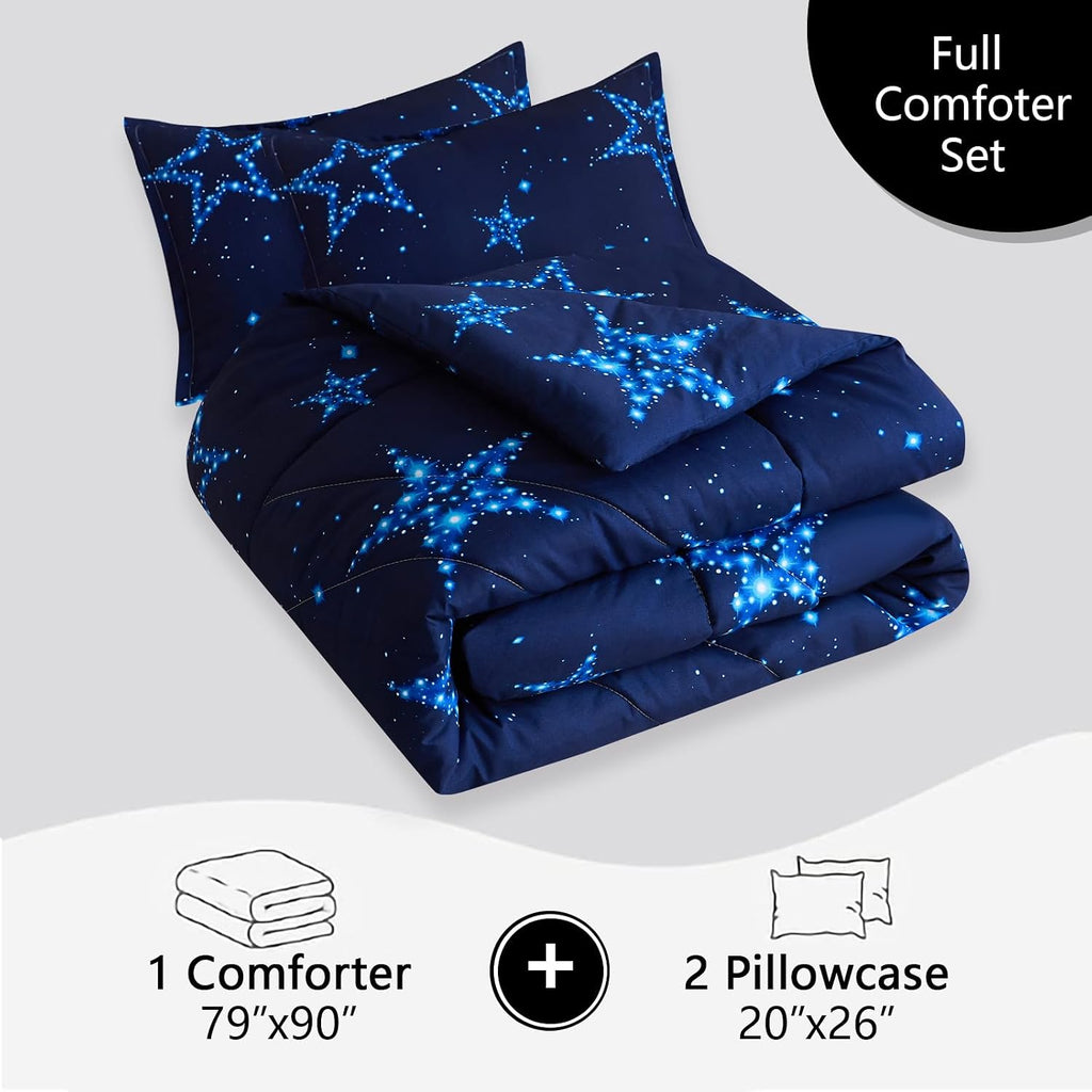 Star Comforter Teen Boy Girl Blue Galaxy Full Bedding Microfiber Set 3 Pieces with Pillowcases for All Seasons