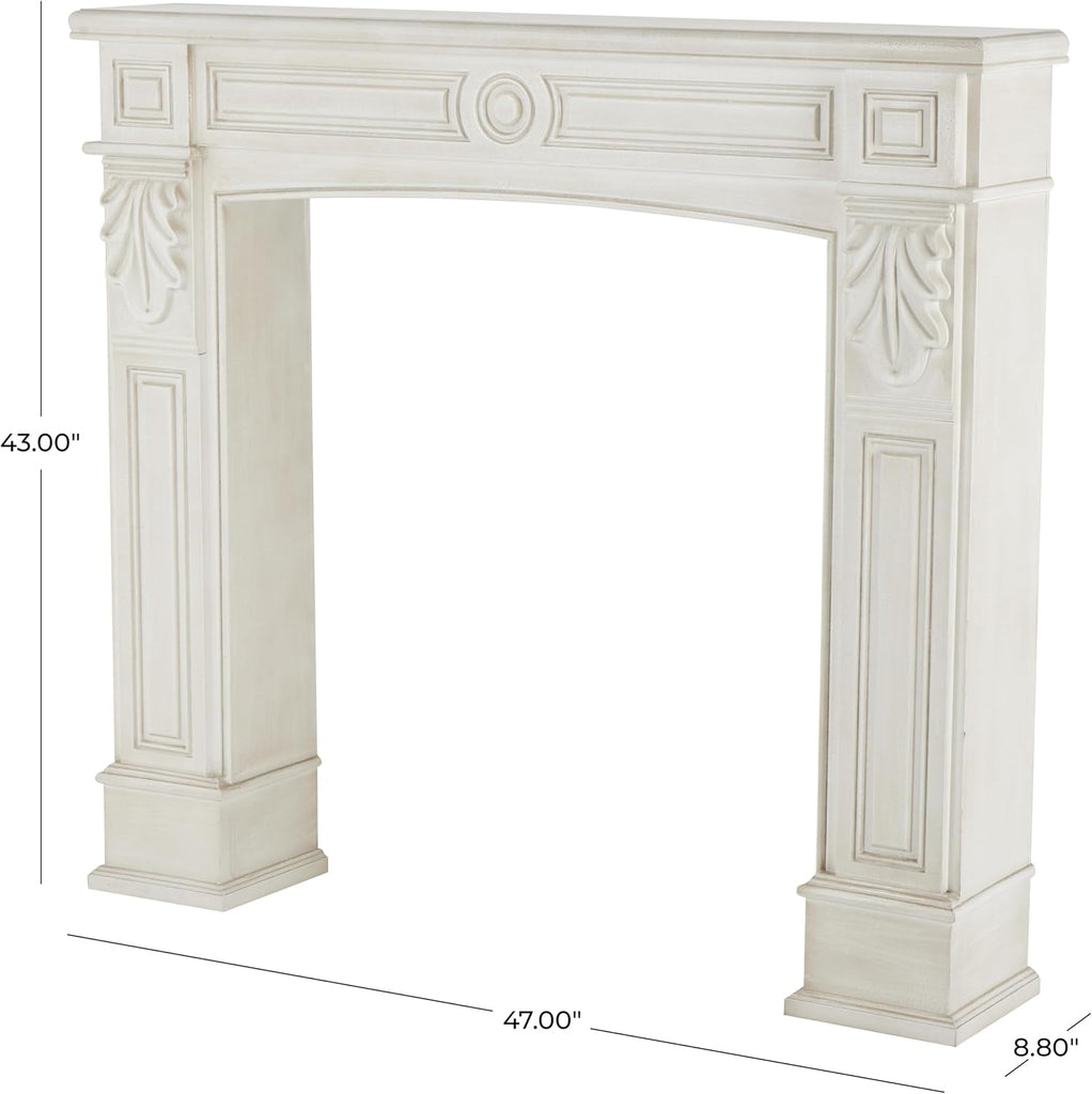Wooden Fireplace Mantle Freestanding with Leaf Accents, 47" 9" 43", White