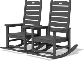 2-Pc Rocking Chair Set with Footboard, HDPE, 350lbs Cap, Gray | Oversized HDPE Rocking Chair with Footrest for