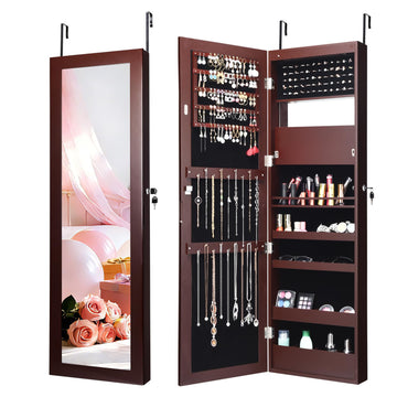 15 LEDs Lockable Mirror Jewelry Armoire Organizer, Christmas Gift Wall Door Mounted Storage Cabinet with Full-Length