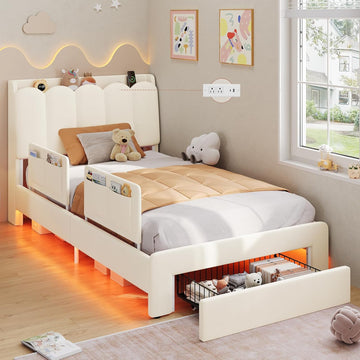 Twin Size LED Bed Frame with Storage Drawer and Safety Guardrails, Velvet Upholstered Platform Bed for Kids with Chic