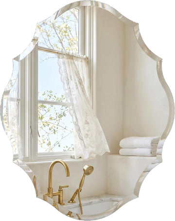 22" x 28" Frameless Scalloped Wall Mirror, Beveled Edge Bathroom Vanity Mirror with Reinforced Backing for