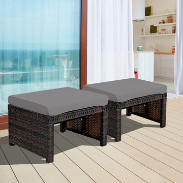 Outdoor Ottoman, Set of 2 Wicker Footstools, All-Weather Rattan Foot Stools w/Removable Cushions, Patio Footrest