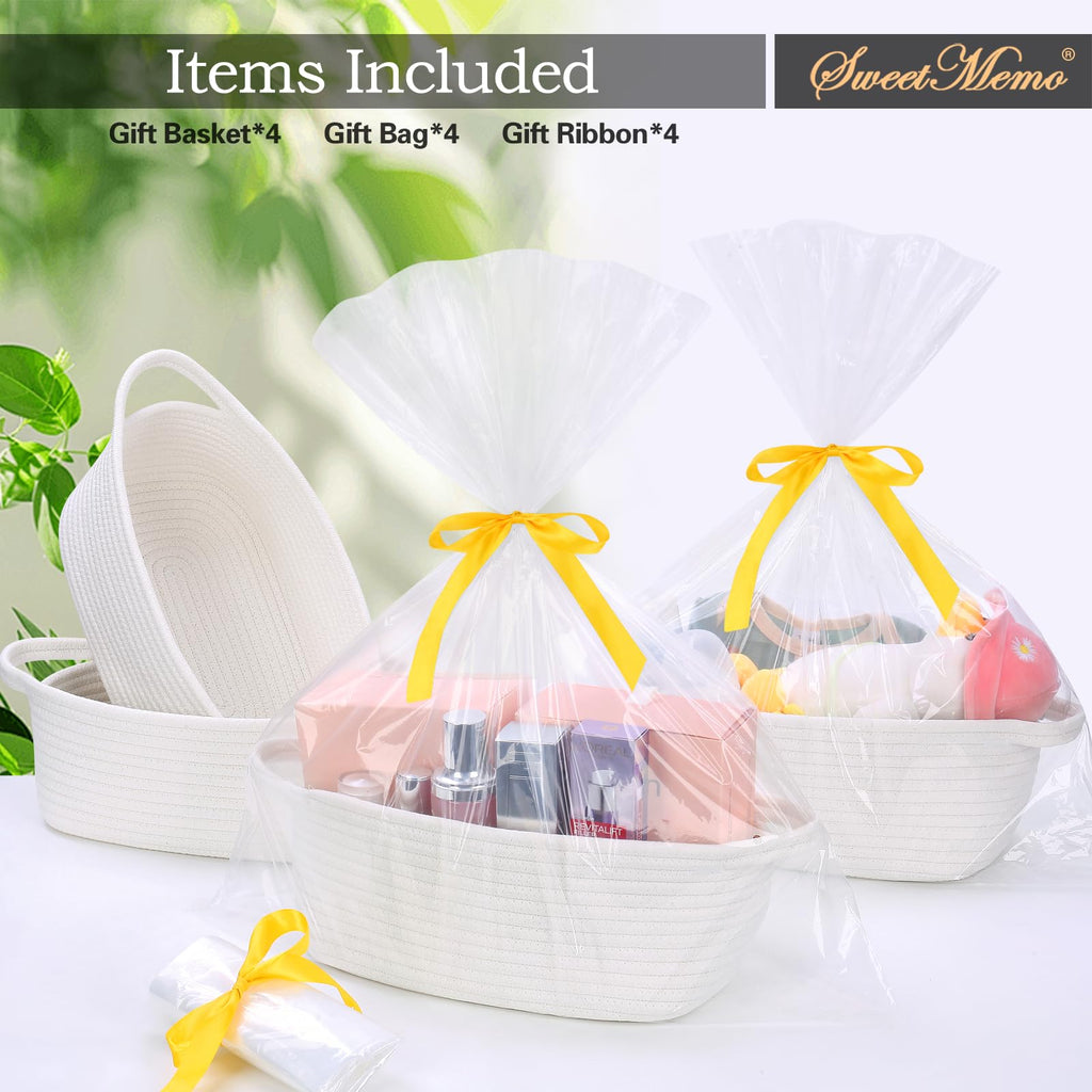 Gift Baskets Empty to Fill 4 Pack, 12x8x5 inch - Small Rectangular Woven Rope Bins for Baby Shower, Bathroom, Decor