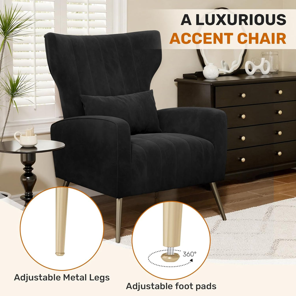Black Velvet Accent Chair Set of 2, Wingback Chair , High Back Arm Chair with Golden Legs Lumbar Pillow, Upholstered