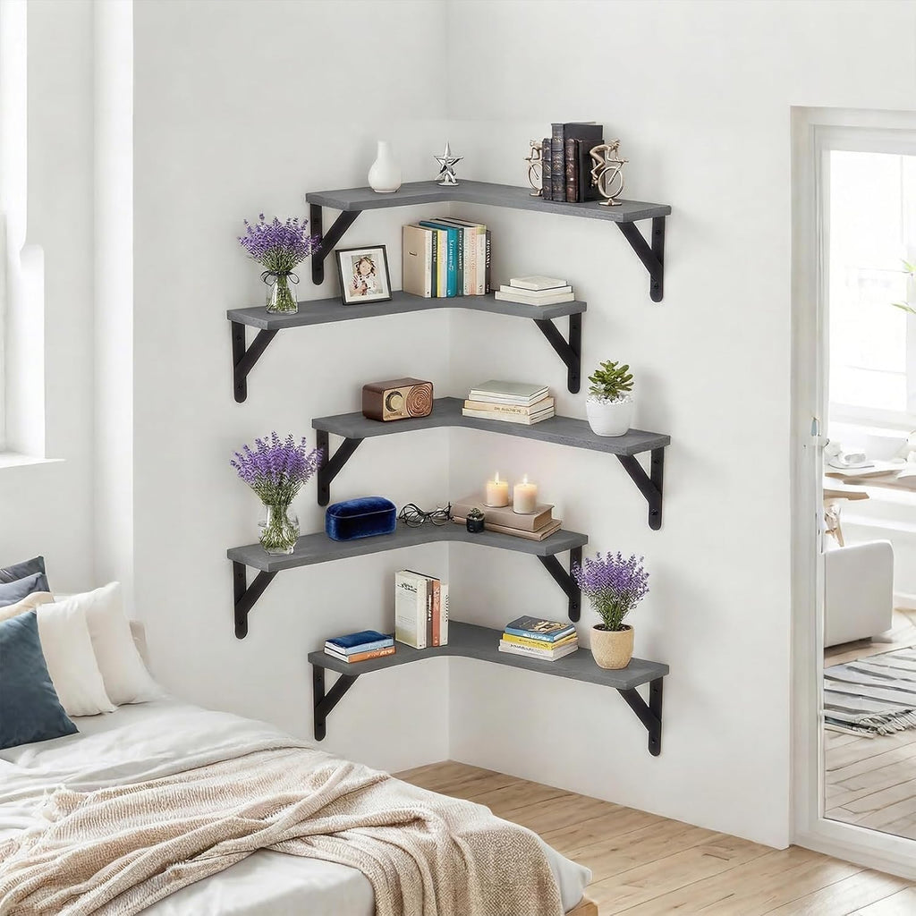 Corner Floating Shelves Set of 5, Rustic Wood Shelves, Grey | Wall Mounted Floating Shelf Decor, Storage Corner Shelf
