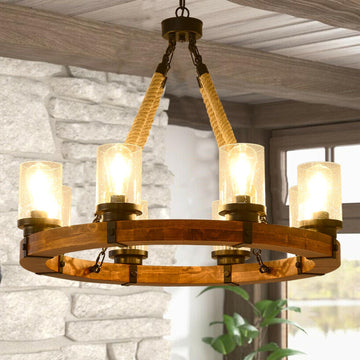 Inspired Camino Style Chandelier - 8 Light Round Wood Wagon Wheel Chandelier with Seeded Glass Shade, Rustic Farmhouse Pendant for Dining Room, Kitchen and Entryway