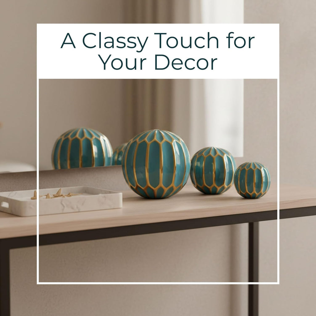 Set of 3 Blue Decorative Orbs - Stoneware & Ceramic Spheres Decor - Elegant Accent Pieces , Coffee Table & Shelves