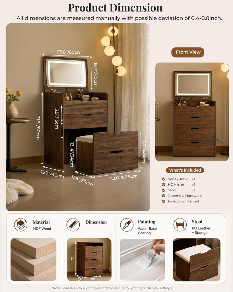 Small Vanity with Mirror and Lights for Small Space, 3-in-1 Compact Makeup Vanity Desk with Storage, Flip Top Vanity