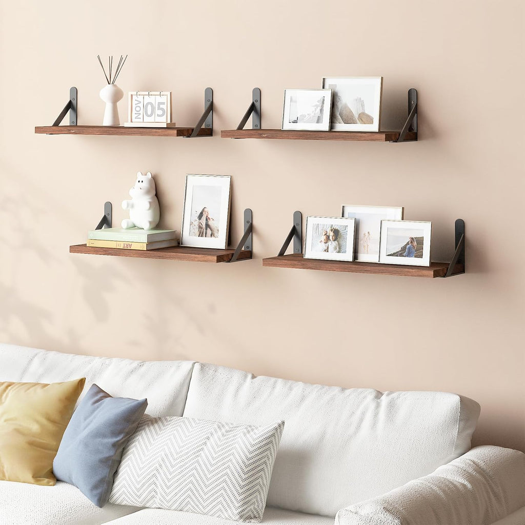 16.5in Floating Shelves for Wall, Dark Carbonized Pine Set of 6 | Rustic wood shelves with metal brackets.