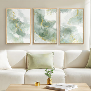 Framed Sage Green Abstract Wall Art, 3 Piece Modern Canvas Prints Paintings Artwork for Walls, Minimalist Green and