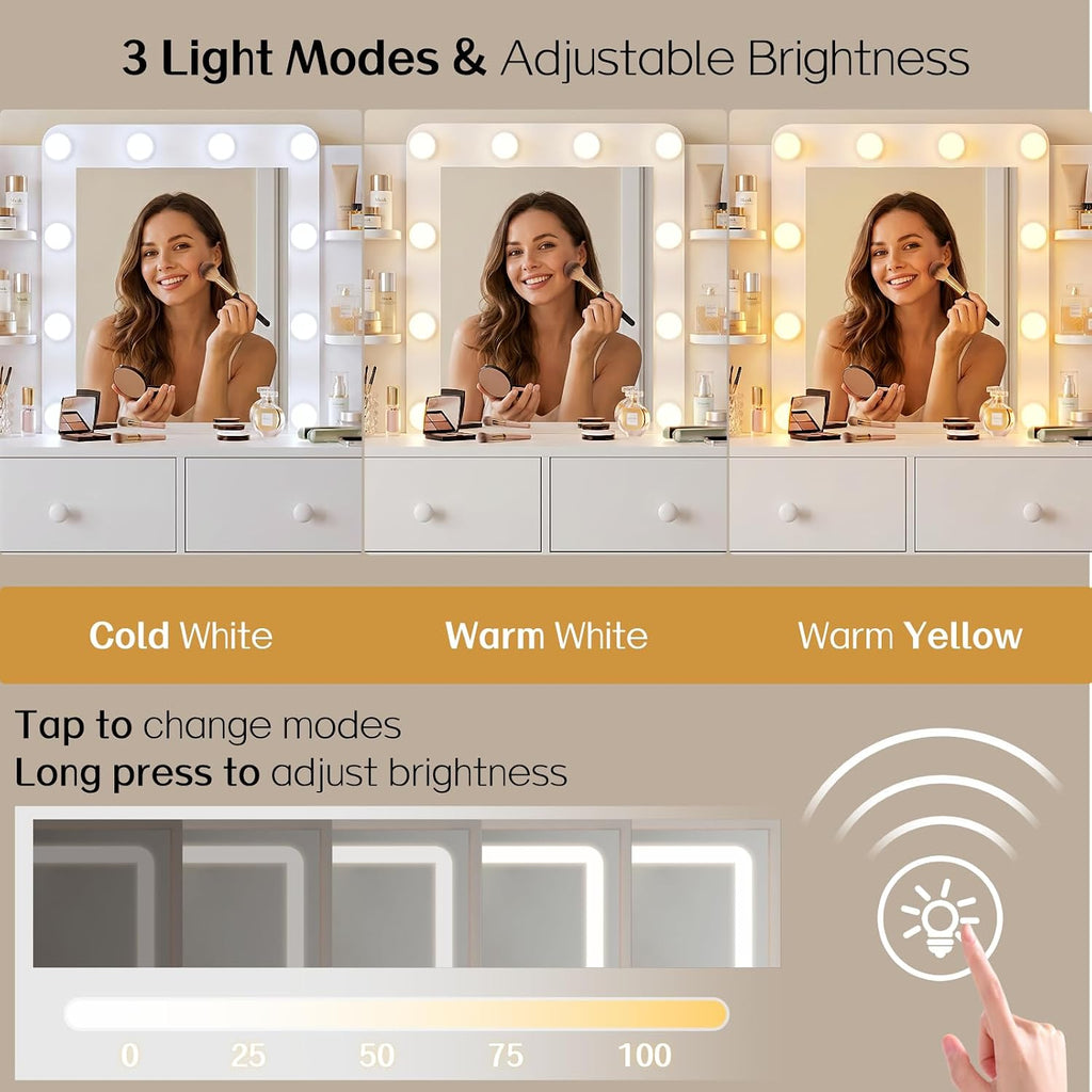 Makeup Vanity Desk with LED Mirror and Chair Set, White | 3 Lighting Modes, Built-in Charging Station, Storage