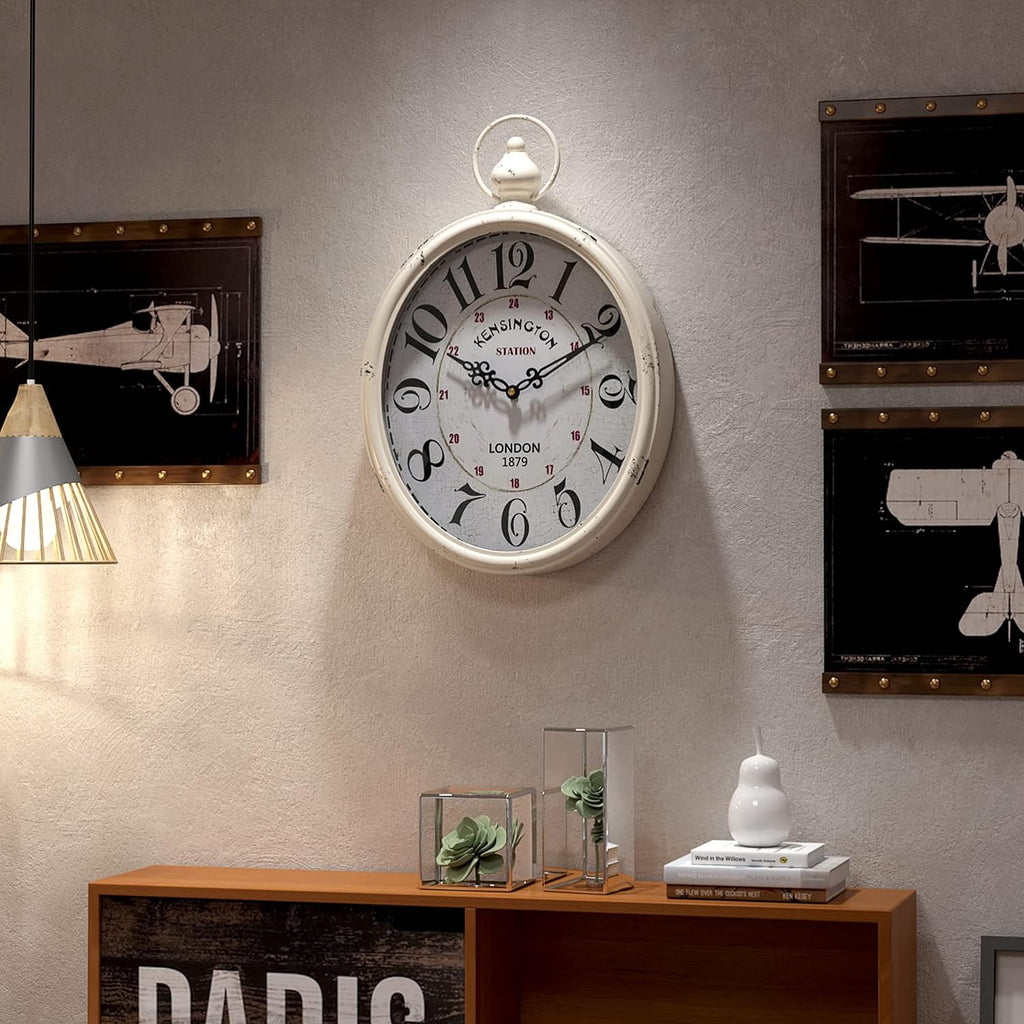 Menterry Oval Retro Wall Clock, Rustic Vintage Style, White Antique Design