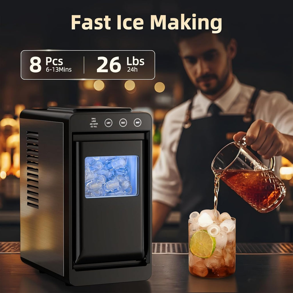 Ice Maker, Portable Ice Machine with Self-Cleaning Function, 8 Cubes in 6 Mins Fast Countertop Ice Making, Compact