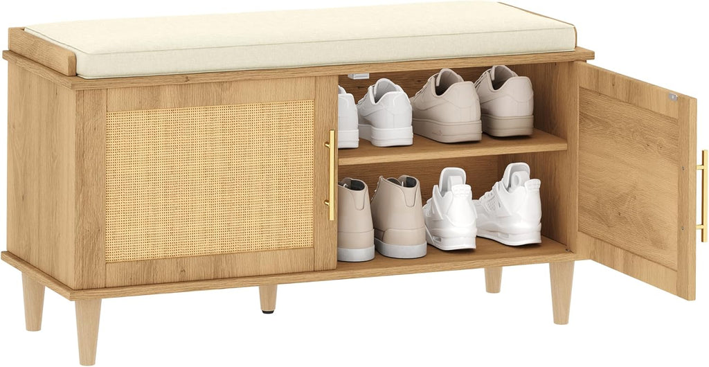 Rattan Shoe Storage Bench with Cushion, 2-Tier Entryway Bench with Adjustable Shelves and 2 Doors, 15" D x 39.4" W x
