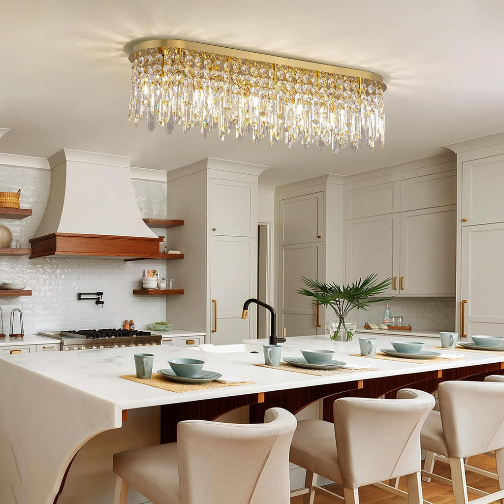 40'' Gold Crystal Chandelier for Dining Room, 10-Light Modern Flush Mount Crystal Ceiling Light, Luxury Dimmable K9