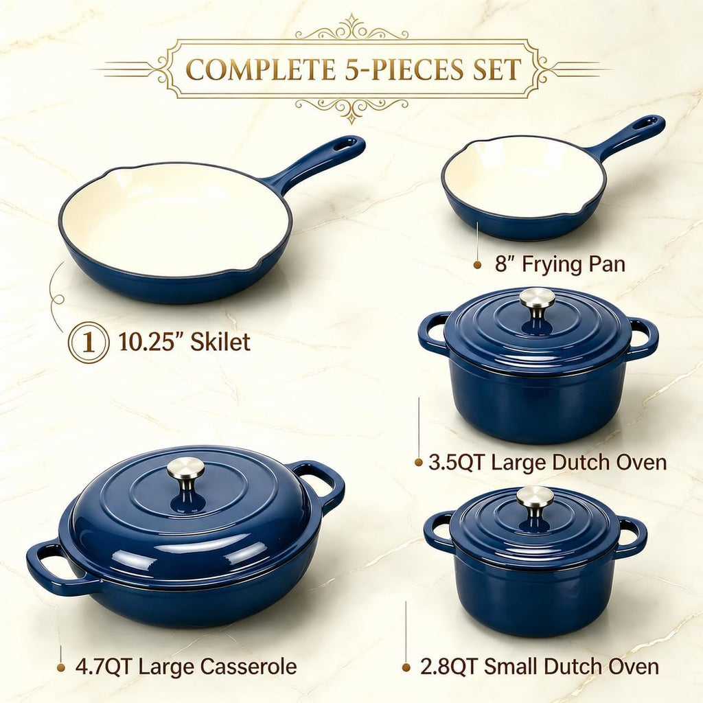 5-Piece Navy Blue Enameled Cast Iron Cookware Set | Includes 8" frying pan, 10" skillet, 2.8QT and 3.5QT Dutch ovens