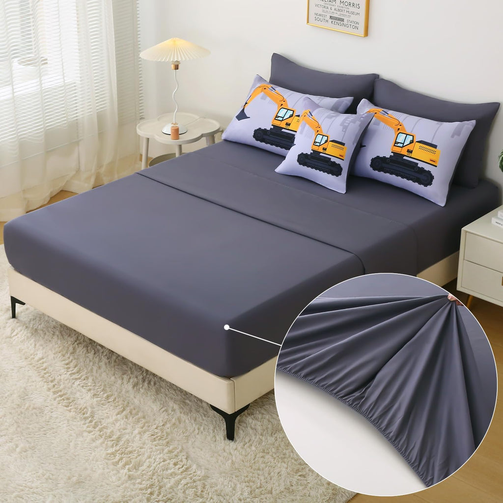 Construction Bedding Sets for Boys Kids, 6 Piece Bed in A Bag 3D Cartoon Car Excavator Tractor Comforter Set