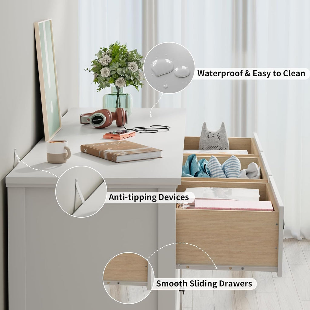 White Dresser , 7 Drawer Dresser with Wide Drawers and Metal Handles, Wood Dressers & Chests of Drawers for Hallyway