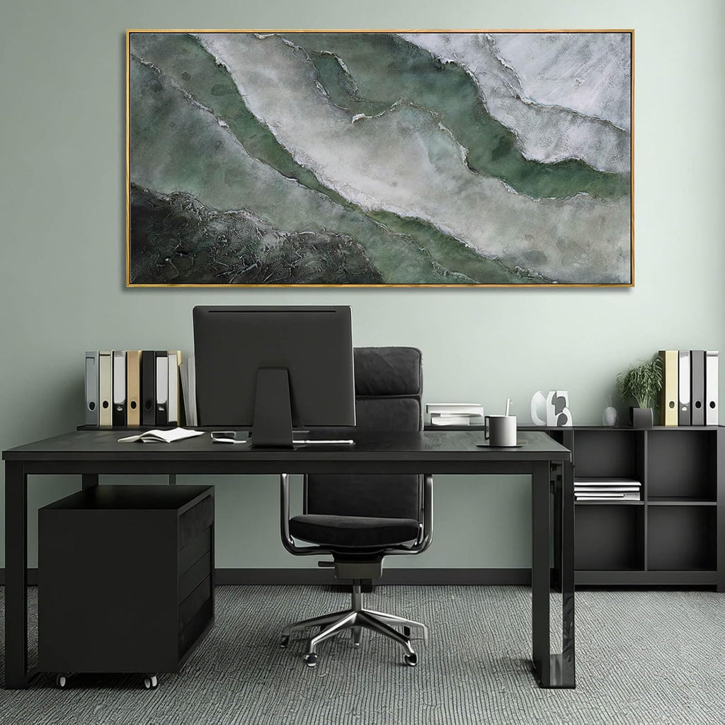 Green and White Abstract Wall Art, Large Framed Canvas Painting with Wooden Frame, Modern Abstract Wall
