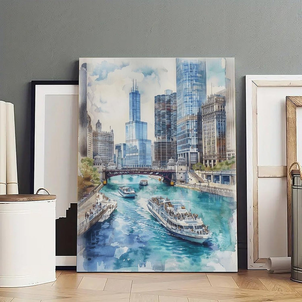 Watercolor Painting Chicago City Art Watercolor Landscape Chicago Skyline Print Urban Wall Decor Canvas Wall Art