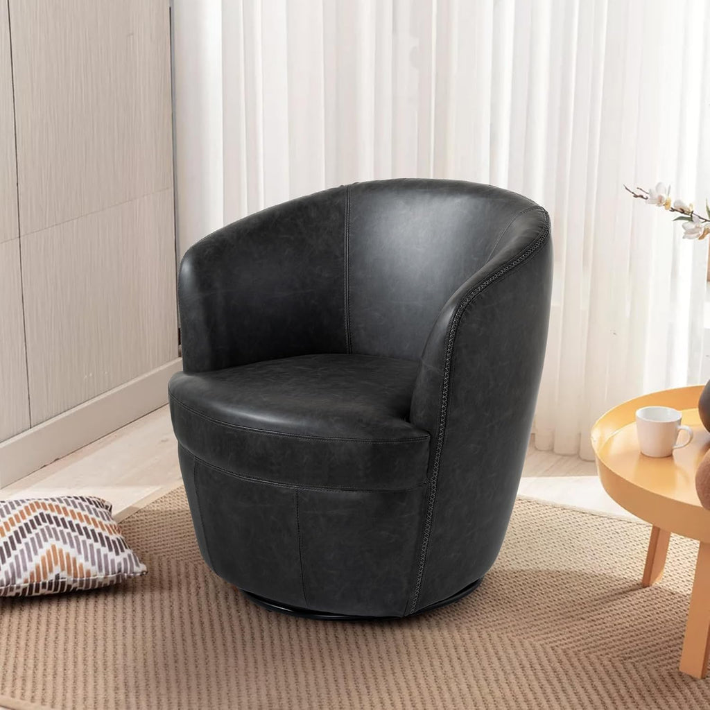 Faux Leather Swivel Barrel Accent Chairs, Fully Assembled, Black