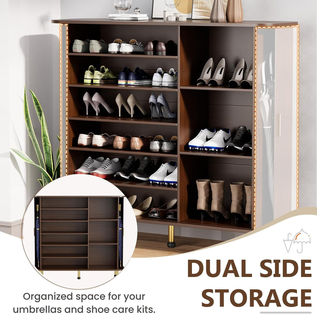 6-Tier 47'' Shoe Cabinet with Sliding Door, Wooden Shoe Storage Cabinet with Adjustable Shelves, Mid-Century Modern