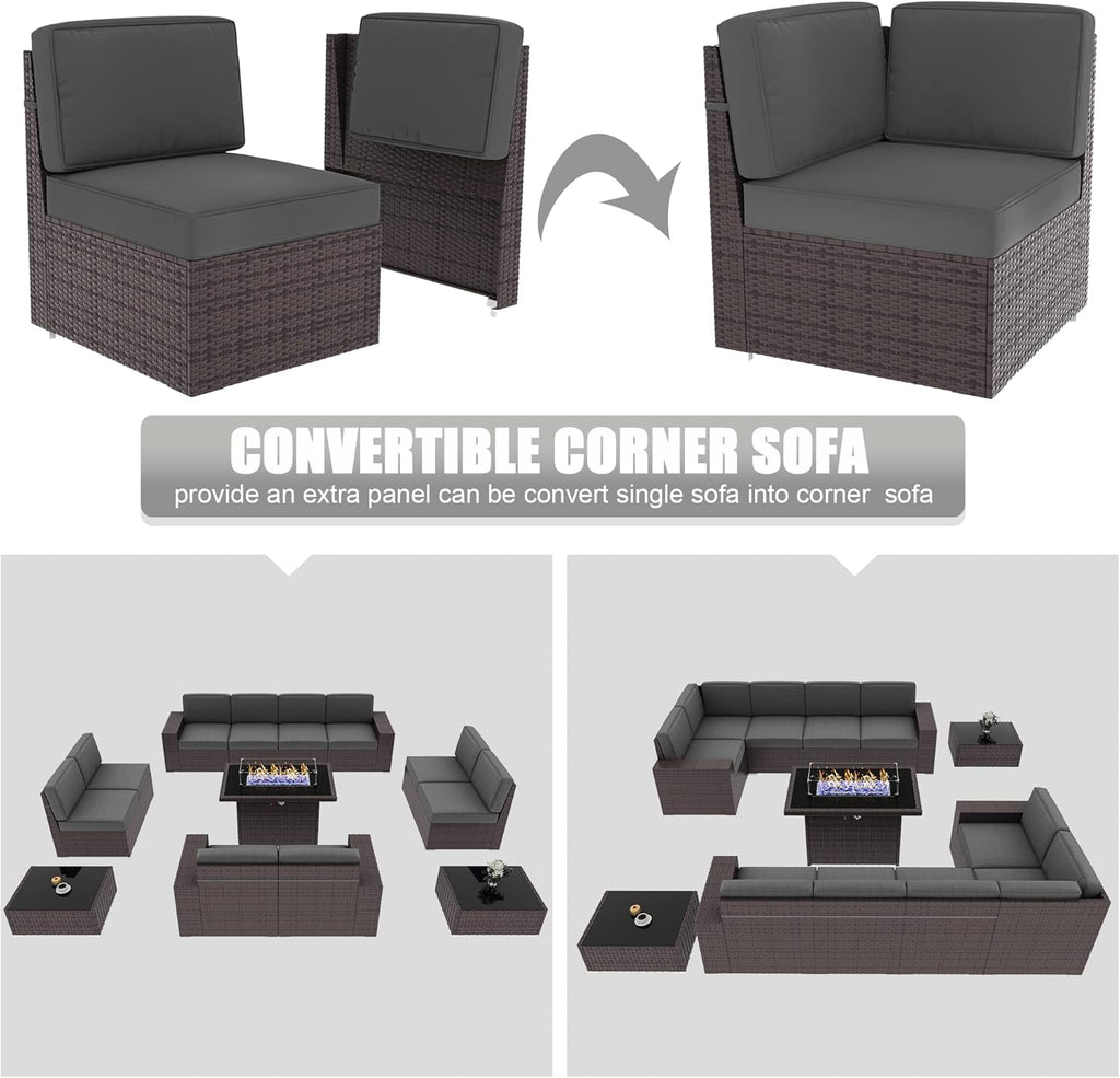 13 Pieces Outdoor Patio Furniture Set with 44" Fire Pit Table Brown Rattan Sectional Sofa Conversation Sets