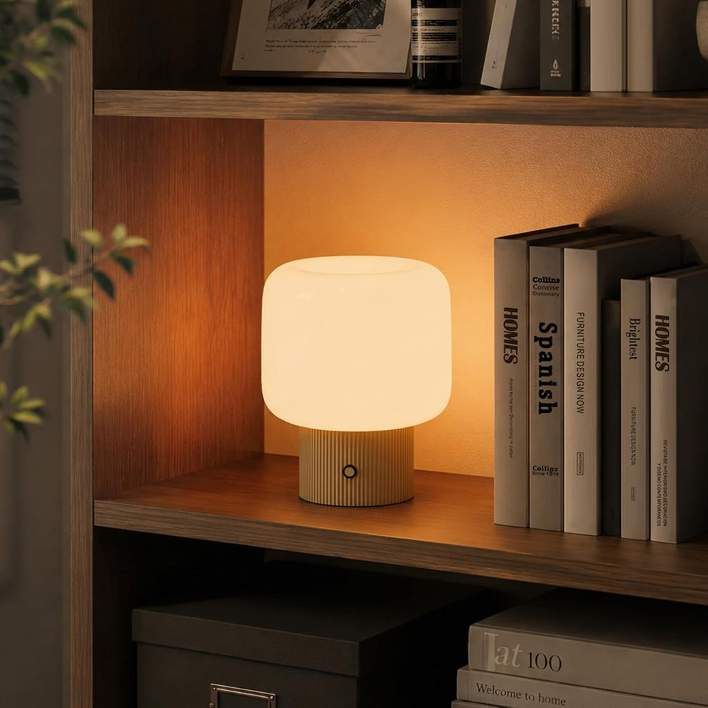 Mushroom Lamp, 5W Cute Cordless Rechargeable Table Lamp with Glass Shade, 3 Color Temps LED Dimmable Ambient Lighting