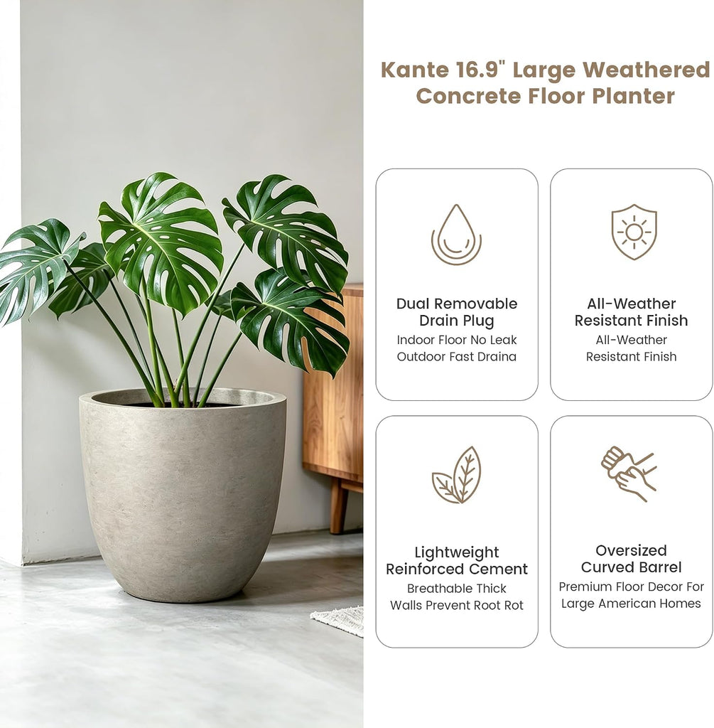 Weathered Concrete Planter 18" Dia All-Weather Round Large Pot | Handcrafted Cement Bowl, Anti-Frost & UV Outdoors
