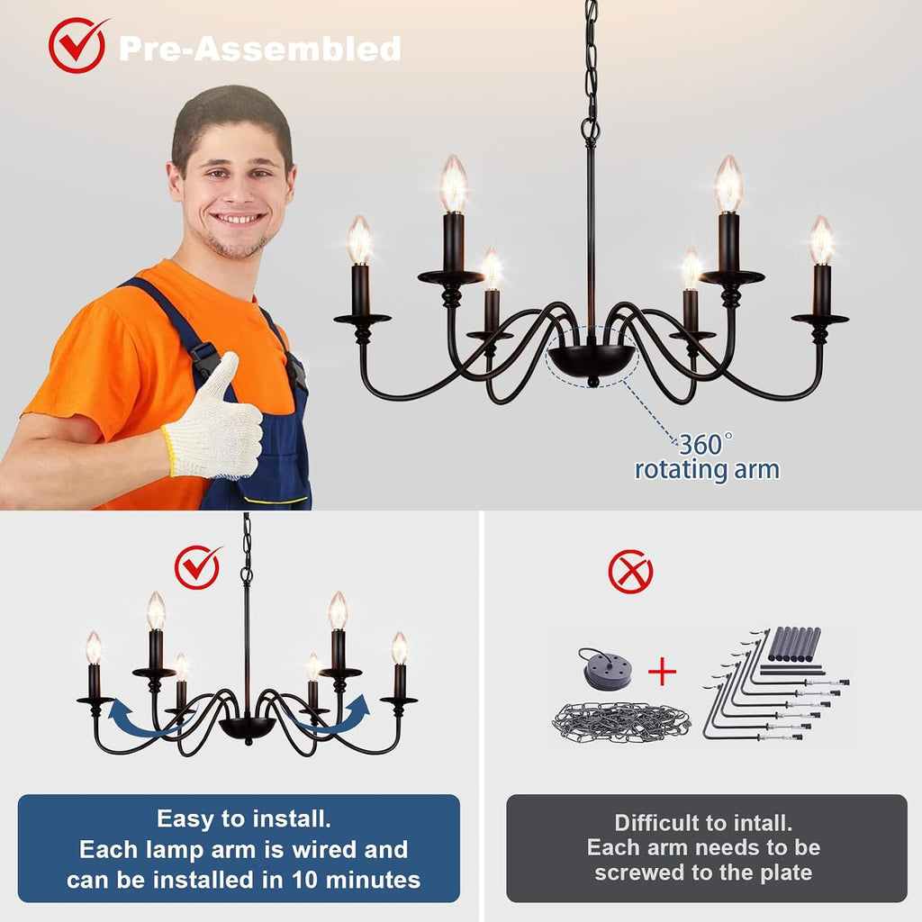 Farmhouse Chandelier for Dining Room: 6-Light Black Industrial Kitchen Island Pendant Light Fixture - Rustic Candle
