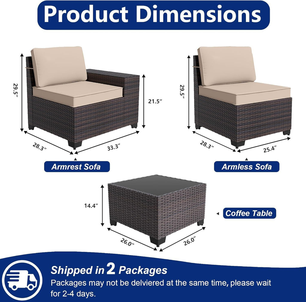 Outdoor Patio Furniture Set, 6 Pieces Outdoor Sectional Furniture High Backrest Patio Sofa, All-Weather PE Rattan